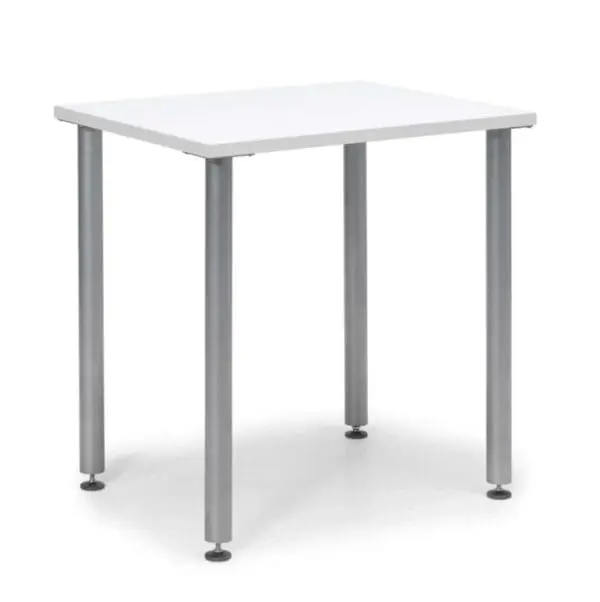 Valkoinen pöytä metallijalat taustalla.