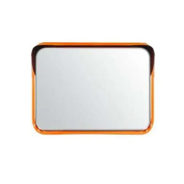 Valvontapeili aurinkosuojalla sopiva suorakaiteen muotoinen oranssi peili valkoisella pohjalla.