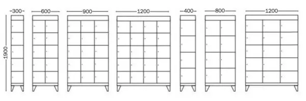 Solid-lokerokaapit, 5 osastoa piirros kirjahyllystä eri korkeudella ja leveydellä.