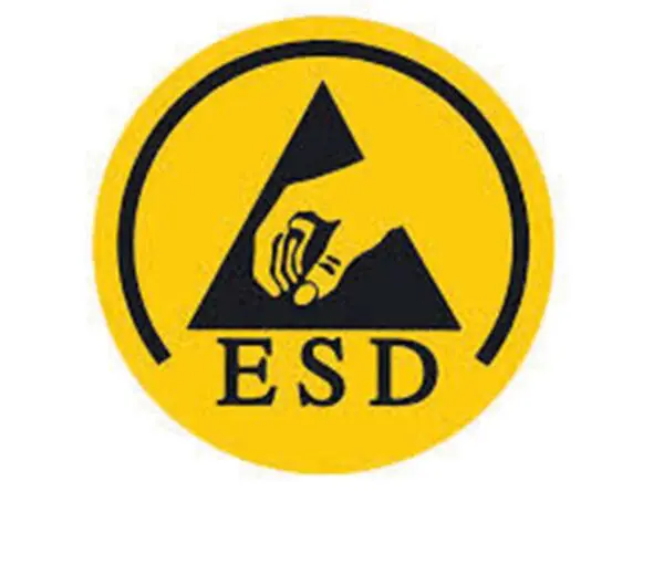 Keltainen ja musta logo, jossa teksti ESD-pöytävaunu 3-tasoinen.
