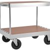 100 Series heavy-duty table trolley with two laminate shelves and solid rubber castors