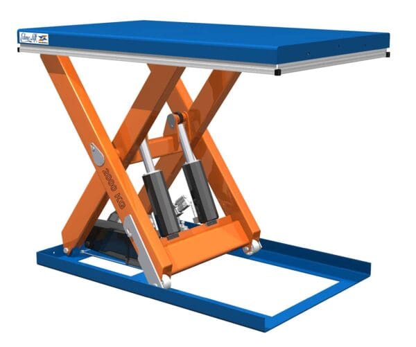 Sininen Edmo Lift -yksisaksiset T-sarjan nostopöydät saksinostopöytä valkoisella pohjalla.