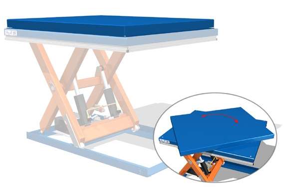Sininen Edmo Lift -nostopöytien suorakulmainen kääntölevypöytä, jonka päällä sininen tyyny.