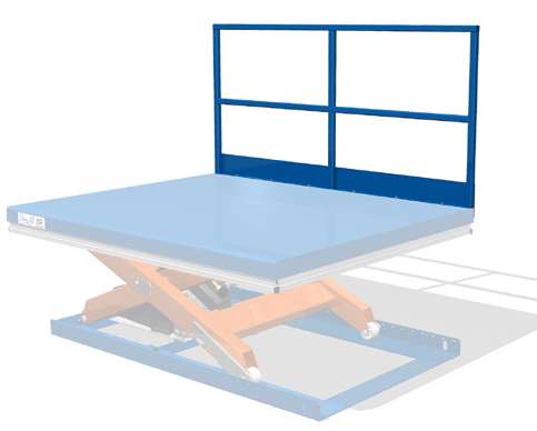 Sininen Edmo Lift -nostopöytien suojakaiteet -pöytä valkoisella taustalla suojakaiteilla.