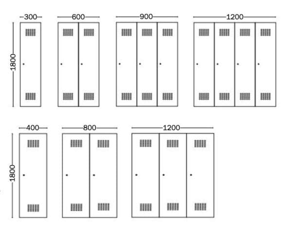 Kätevä Ewo -pukukaapit -kaavio, jossa näkyy erikokoisten kaappien mitat.