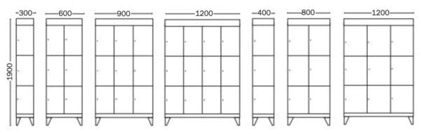 Kaaviossa Solid-lokerokaapit kirjahyllyn mitat 3 osastolla.
