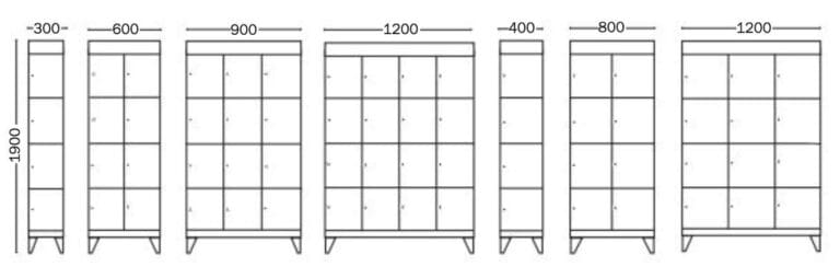 Kaaviossa Solid-lokerokaapit, 4 osastoa kirjahyllyn eri koot.