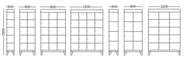 Solid-lokerokaapit, 5 osastoa piirros kirjahyllystä eri korkeudella ja leveydellä.
