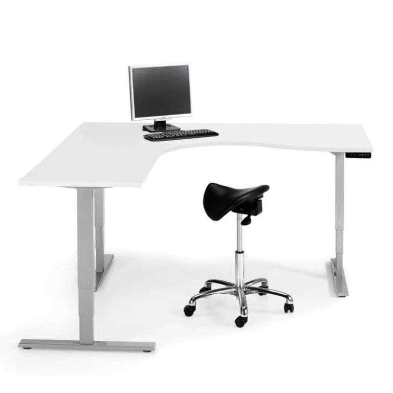 Economy Flex -sähköpöytä, 3-jalkainen L-malli valkoinen työpöytä.