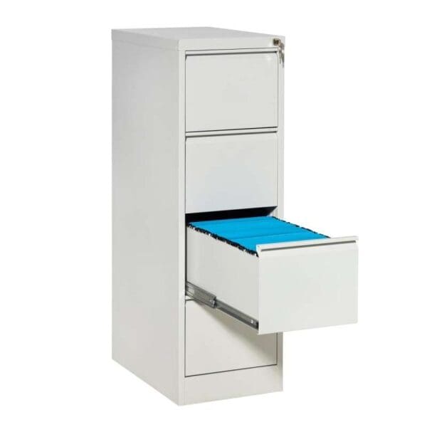 Valkoinen metallinen arkistokaappi sinisillä laatikoilla on Budget-riippukansiolaatikosto.