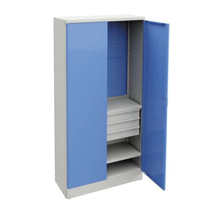 Sininen metalli Treston-teollisuuskaappi varusteilla laatikoilla.