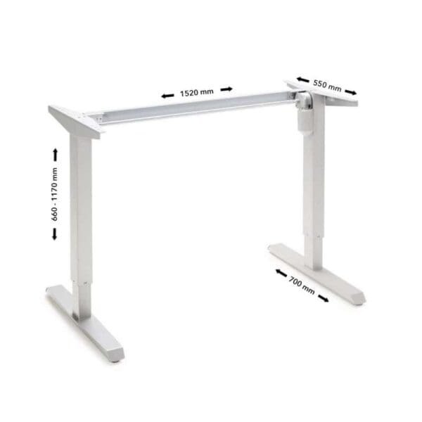 Kuva valkoisesta seisomapöydästä mitoilla, jossa Sähköpöydän runko, 2-jalkainen Basic runko.