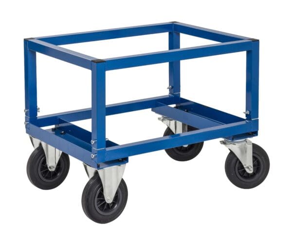 Sininen pyörällinen lavavaunu, sopii Lavavaunuille 800 x 600 mm teho-lavoille, valkoisella pohjalla.