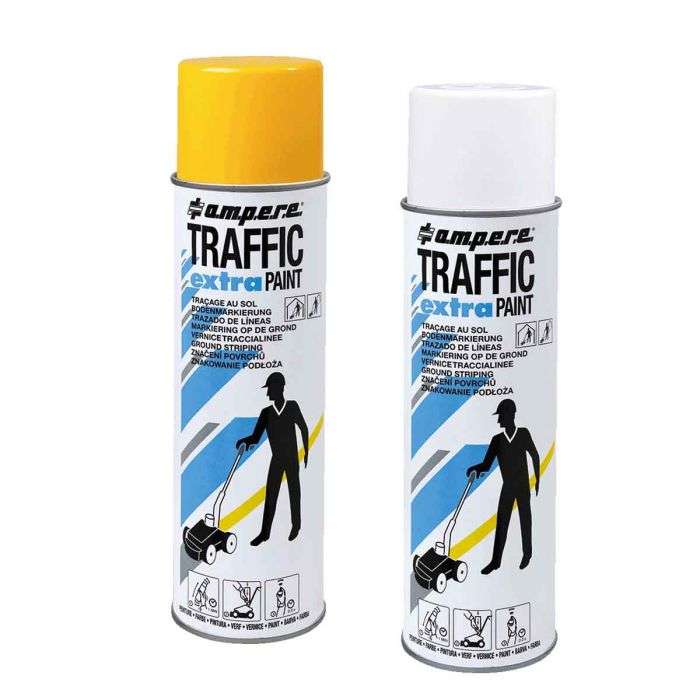 Kaksi purkkia Traffic Extra tiemerkintämaalia väreissä keltainen ja valkoinen.