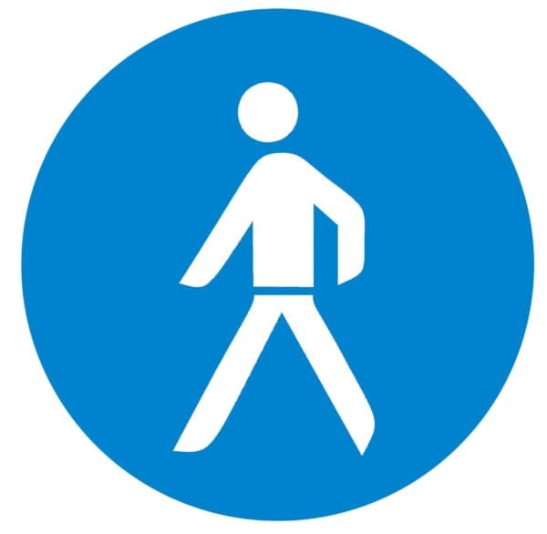 Sininen ympyrä, jossa kävelee henkilö, Lattiaan kiinnitettävä kulunohjausteippi - Jalankulku.