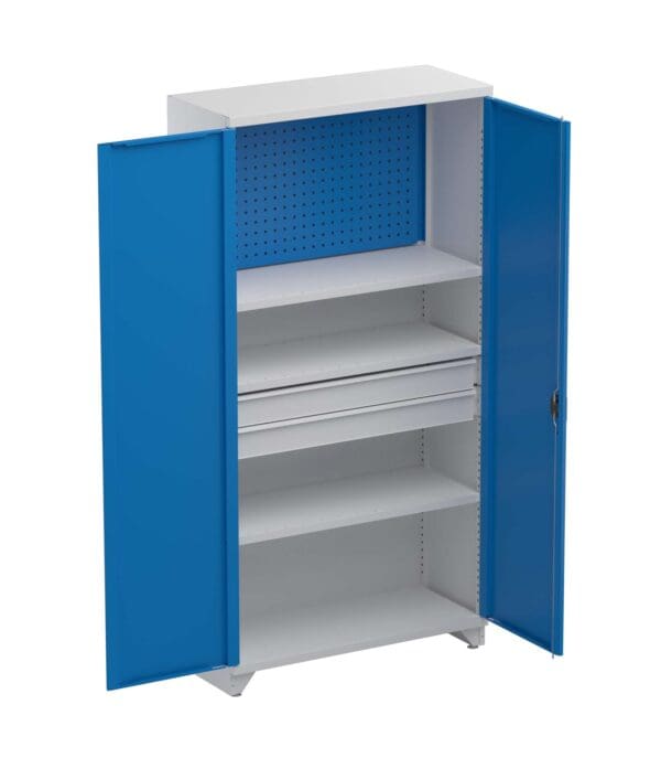 Sininen Treston teollisuuskaappiyhdistelmä 1 hyllyillä ja laatikoilla, täydellinen tavaroiden järjestämiseen ja säilyttämiseen.