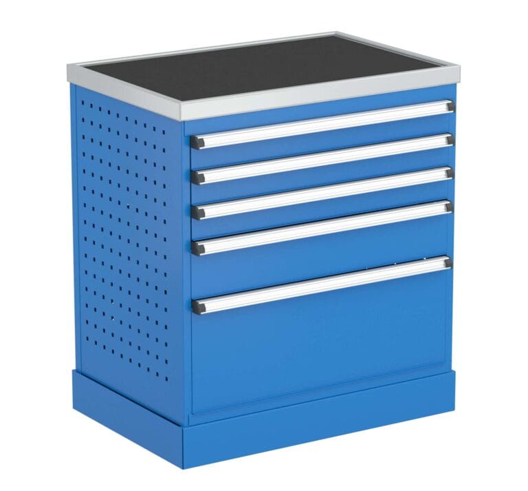 Sininen Treston Laatikosto 71/79-1 sininen työkalukaappi vetolaatikoilla ja mustalla kannella.