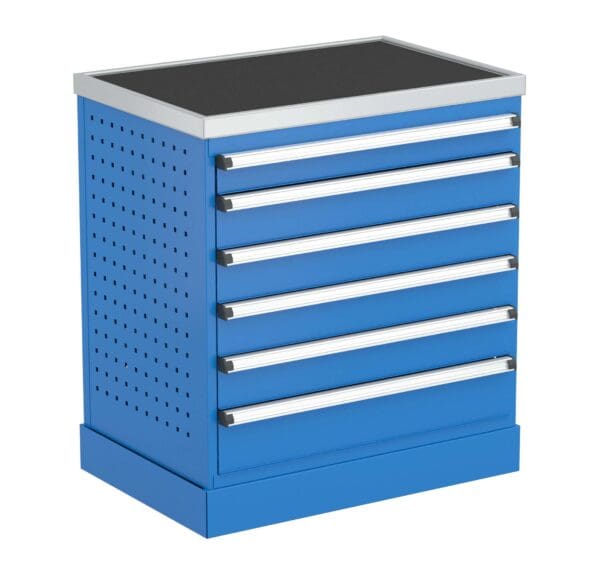 Laatikosto 71/79-3, sininen työkalukaappi vetolaatikoilla ja mustalla kannella.