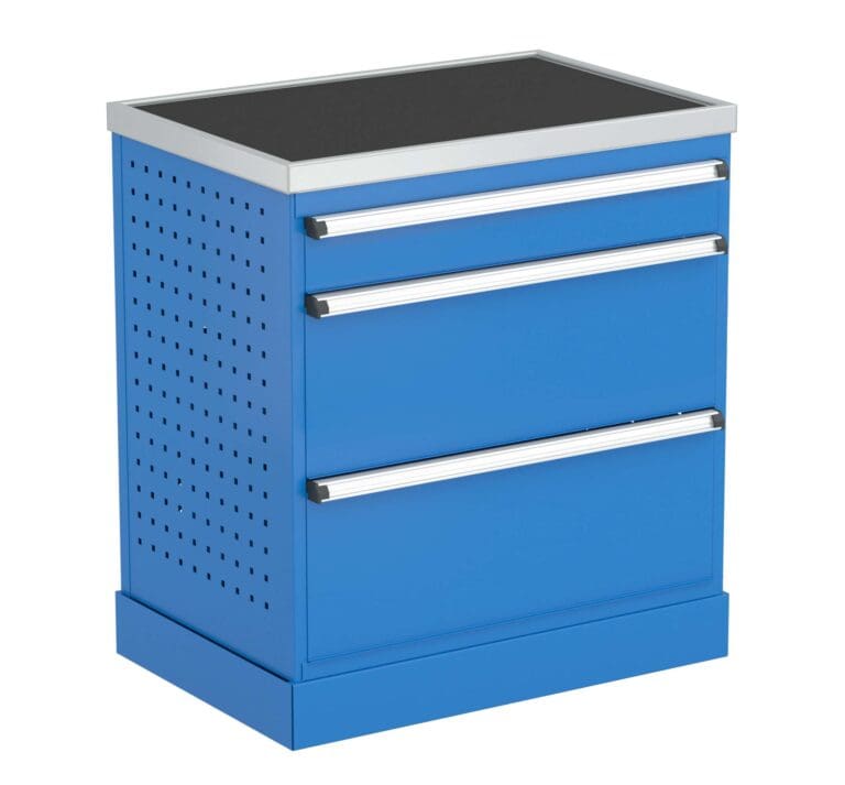Laatikosto 71/79-6: Sininen kaappi kolmella vetolaatikolla ja tasolla.