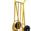 Yellow 250 kg steel sack truck with folding toe plate and solid rubber wheels