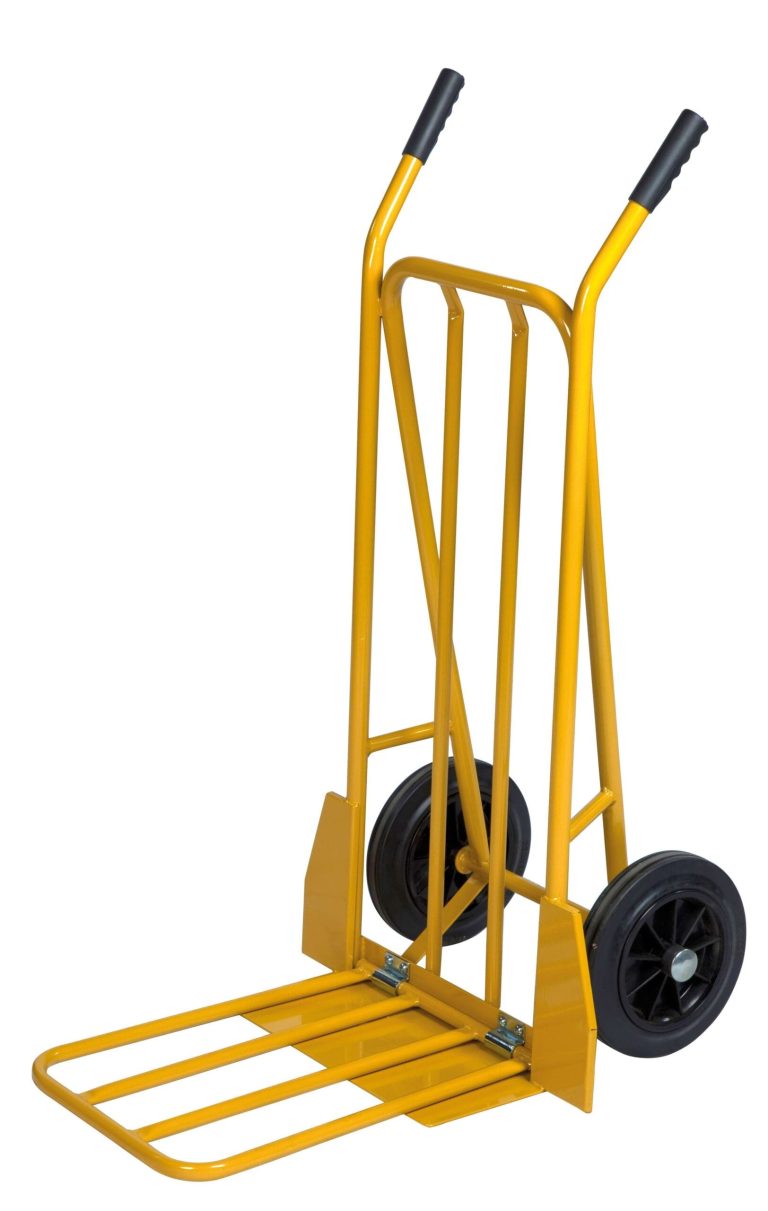 Yellow 250 kg steel sack truck with folding toe plate and solid rubber wheels