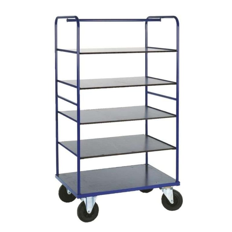 5-tier shelf trolley 500 kg with MDF shelves and solid rubber wheels