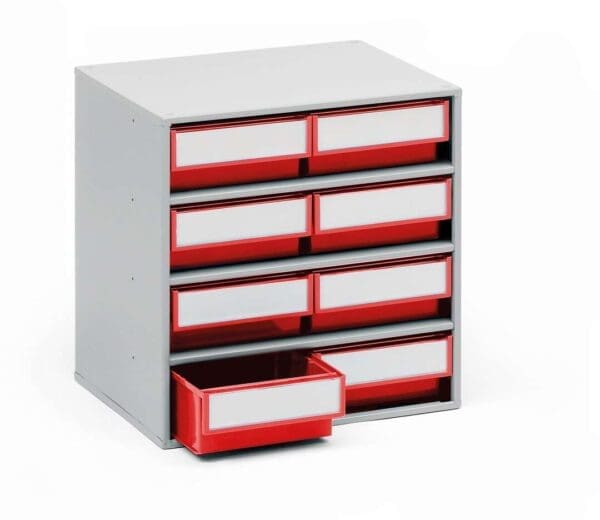 Punavalkoinen vetolaatikolla varustettu säilytyskaappi, joka tunnetaan myös nimellä Hyllylaatikosto 0830, on täydellinen tavaroiden järjestämiseen.