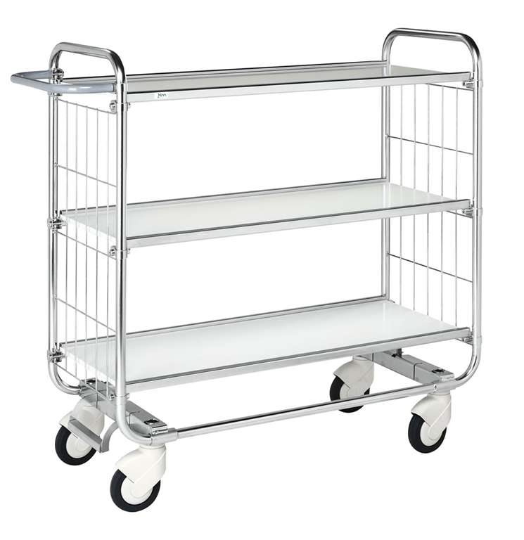 8000 Series order picking trolley with central locking castors and three adjustable laminate shelves