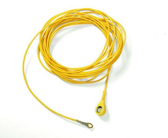 A 5 m ESD earthing cable for use in electrostatic protected areas (EPAs). Fitted with a 10 mm snap connector and an M5 terminal.