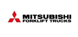 Mitsubishi Forklift Trucks -logo, jossa vasemmalla punainen kolmetimanttimerkki ja oikealla teksti. Mitsubishi on trukkien valmistaja.