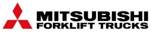 Mitsubishi Forklift Trucks -logo, jossa vasemmalla punainen kolmetimanttimerkki ja oikealla teksti. Mitsubishi on trukkien valmistaja.