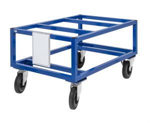 Sininen teollisuuskäyttöinen lavavaunu, jossa Paperitasku A4