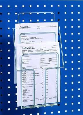 R48 A4 document holder mounted on a blue perforated panel