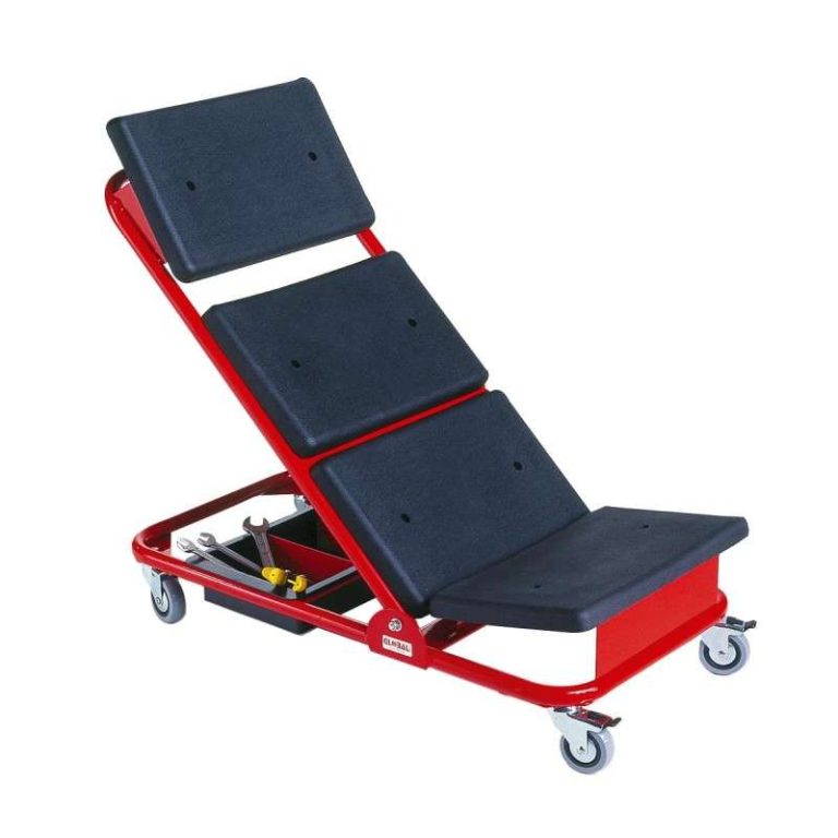 Adjustable workshop creeper with PU-padded cushions, reclining backrest, swivel castors and rear tool tray
