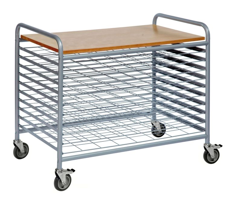 Grey art drying trolley with removable mesh shelves and beech laminate top