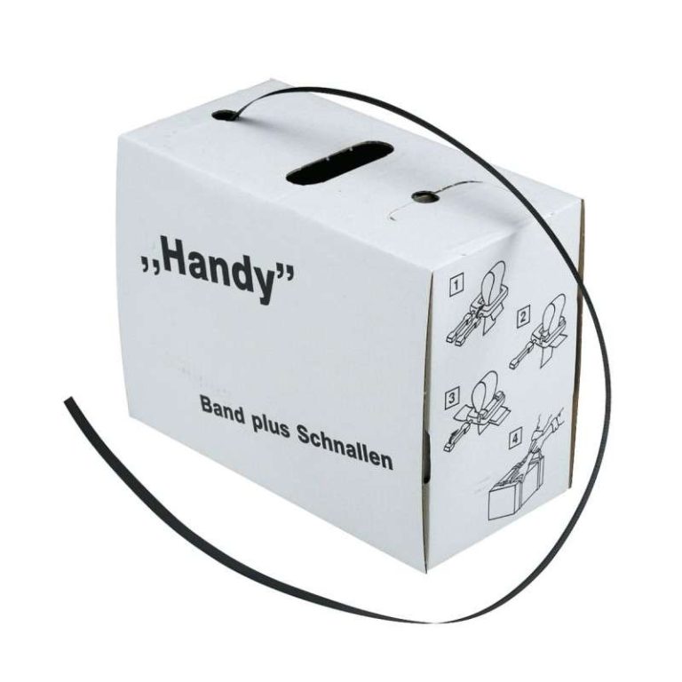 Bandningsset med svart PP-band 12 mm och plastspännen i kartongförpackning