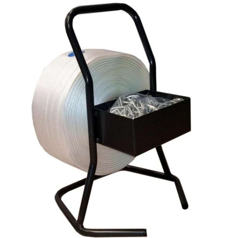 Black metal strapping dispenser stand with storage box for wire buckles and hand tensioner