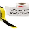Black and yellow barrier tape and white PÄÄSY KIELLETTY – NO ADMITTANCE tape rolls