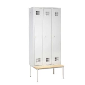 Bench base for Handy Ewo locker shown under a three-door light grey changing room locker with lacquered pine seat