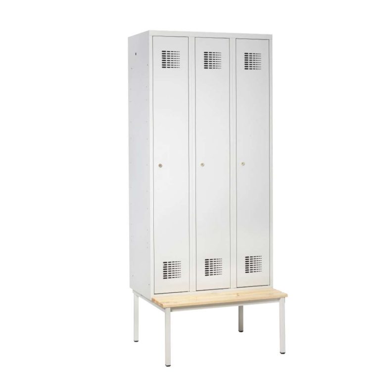 Bench base for Handy Ewo locker shown under a three-door light grey changing room locker with lacquered pine seat