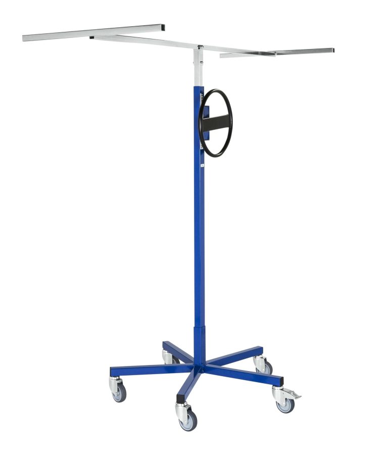 Blue board lift with a handwheel, horizontal panel holder and five castors