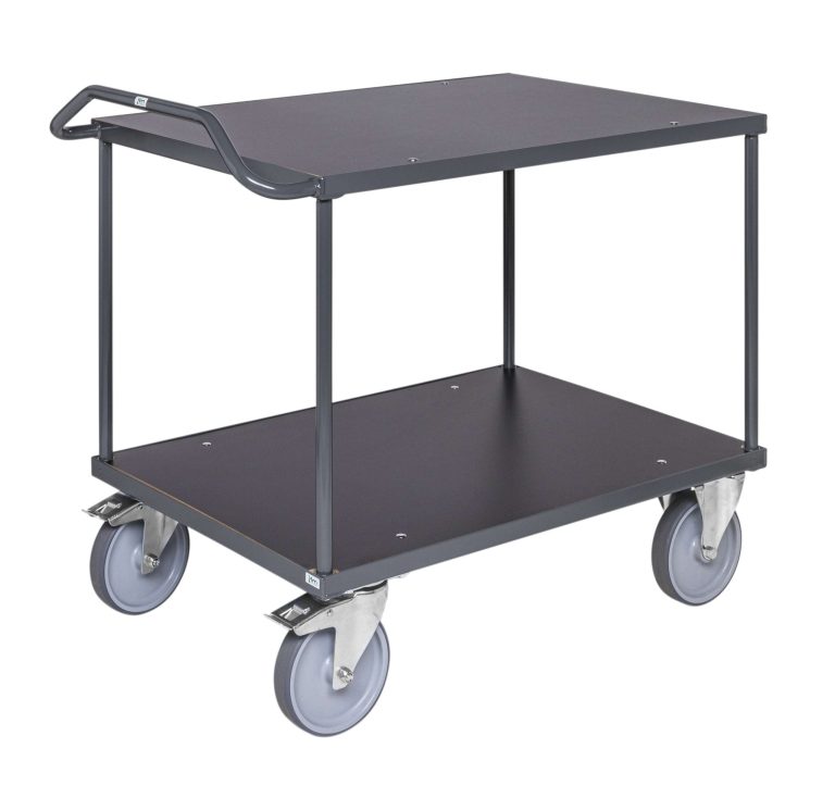 Bordsvagn 300-serie med ergonomiskt handtag, två laminathyllor och svängbara hjul med broms.