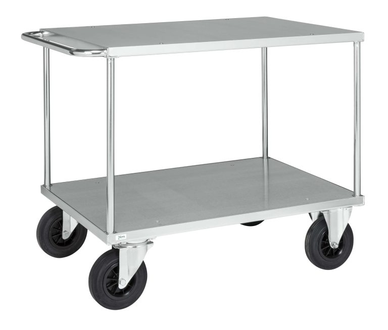 Bordsvagn 600-serien med 2 hyllplan i förzinkad stålplåt och massivgummihjul.