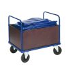 Blue box platform truck with high MDF side panels and twin push handles, 500 kg