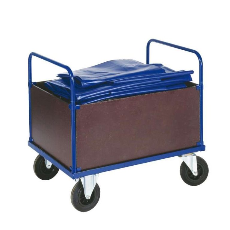 Blue box platform truck with high MDF side panels and twin push handles, 500 kg