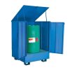 Blue bunded drum storage cabinet for hazardous substances with hinged lid, double doors and galvanised grating