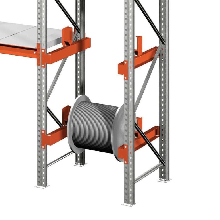 Cable reel beam pair installed in pallet racking supporting a cable drum for dispensing