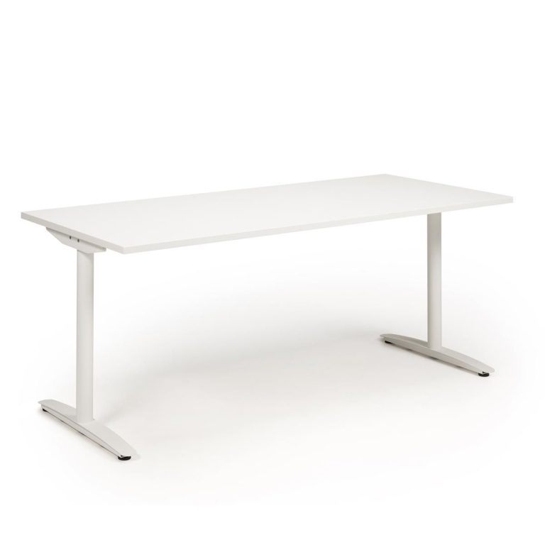 Canteen table with white melamine top and T-shaped steel legs for workplace break rooms