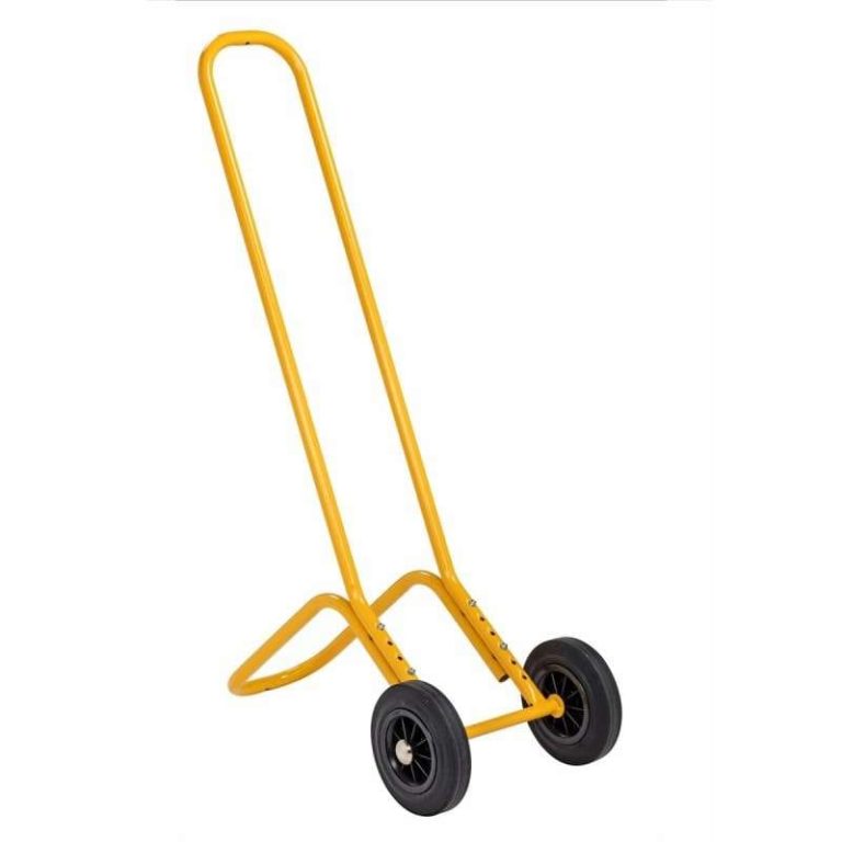 Yellow chair trolley for moving stacked chairs