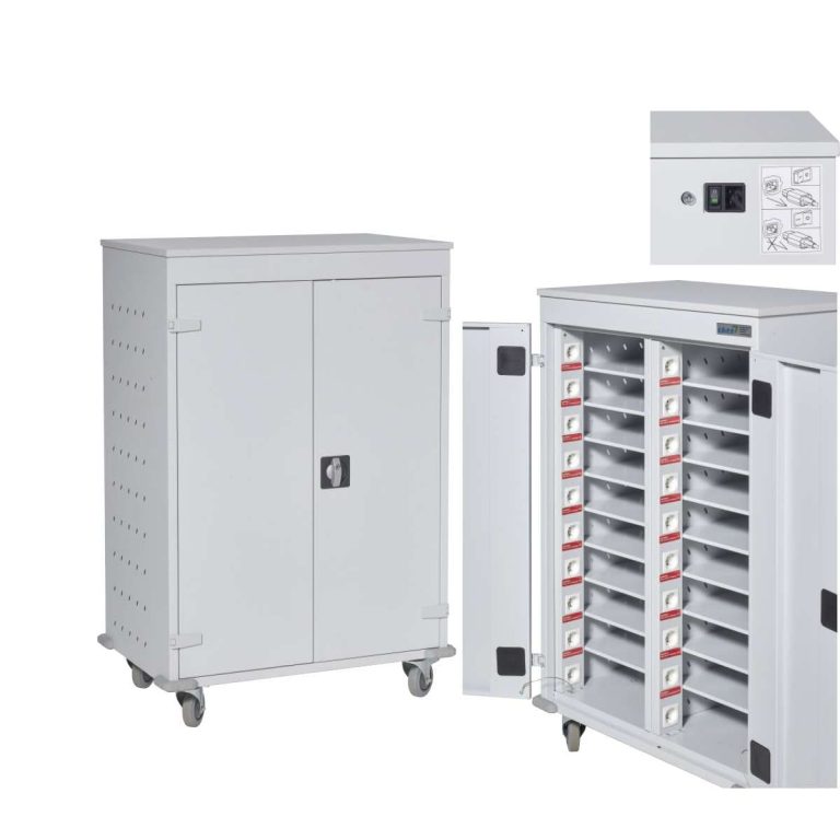 Lockable charging cabinet and charging trolley on wheels for storing and charging laptops and tablets